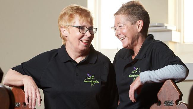 Co-founders Anna Kemp and Linda Fisk before a Seeds of Affinity meeting in Semaphore. Picture: MATT LOXTON