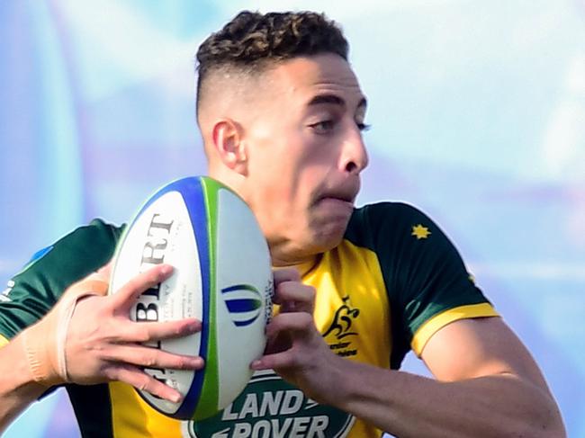 ROSARIO, ARGENTINA - JUNE 22: Mark Nawaqanitawase of Australia U20 runs to score a try during the final match of World Rugby U20 Championship 2019 between Australia U20 and France U20 at Racecourse Stadium on June 22, 2019 in Rosario, Argentina. (Photo by Amilcar Orfali/Getty Images)