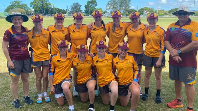 The victorious Central Queensland under-15 girls cricket team (back row, from left) manager Kelli Moore, Lila Atkinson, Darcie Moore, Grace Paine, Grace Rethamel, Jo-Marie Van Zyl, Mahli Rea, Lara French, coach Zach Wass and (front row, from left) Haylee Walters, Isabelle Barber, Evan Sullivan and Adelaide McArthur.