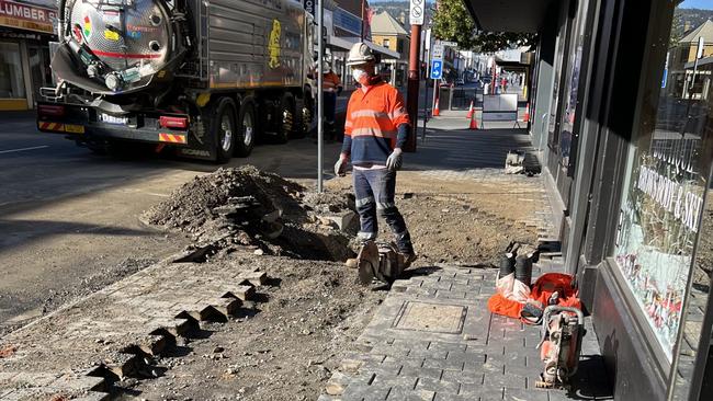 Work to repair the burst water main outside Liverpool Street business Boutique Brows Body &amp; Skin. Picture: supplied.