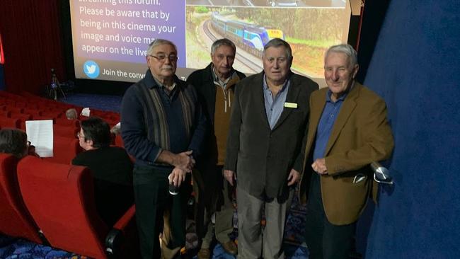 SA Transport Action Group members Maurice Parry, Gary Field, David Thackrah and John Hill before the start of the meeting at Wallis Cinema Mount Barker. Picture: Lydia Kellner