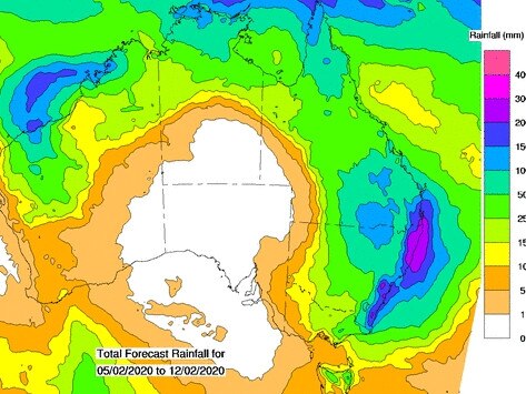 Total forecast rain fall for Australia between February 5-12, 2020. Source: BOM