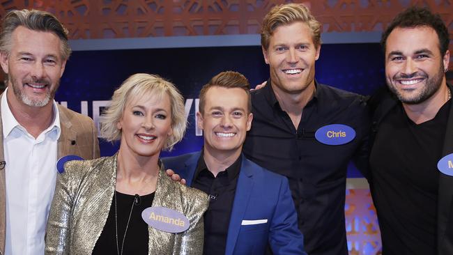 All Star Family Feud contestants Barry Dubois, Amanda Keller, with host Grant Denyer, Dr Chris Brown and Miguel Maestre. Picture: Supplied