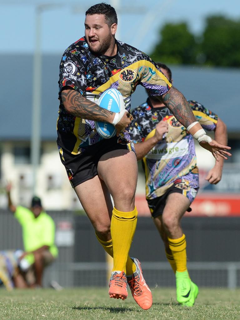 Matty Jarvis playing for Black Magic in the mens grand final of the Warba Wangarunya indigenous Rugby League Carnival in Rockhampton.