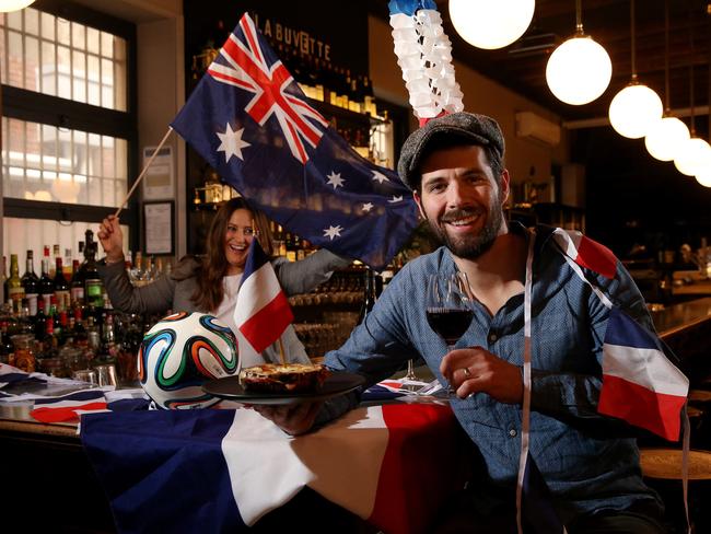 15/06/18 Husband and wife owners of French bar La Buvette Dom (French) and Hayley (Australian) Lentz getting ready for the World Cup soccer match between Australia and France tomorrow. picture CALUM ROBERTSON