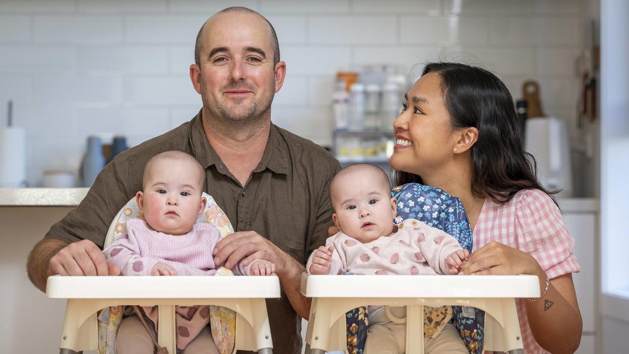Testicular cancer survivor Jordan Shaddock with his partner Julie and twins Josephine and Frankie, 8 months. Picture: Jake Nowakowski