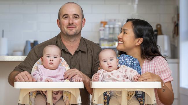 Testicular cancer survivor Jordan Shaddock with his partner Julie and twins Josephine and Frankie, 8 months. Picture: Jake Nowakowski