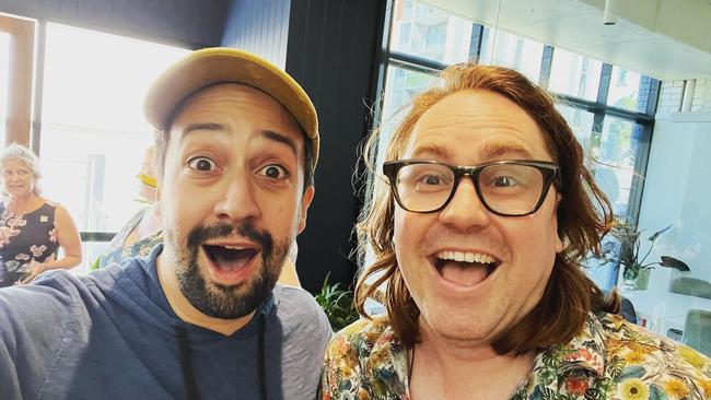 Hamilton creator Lin-Manuel Miranda with Australian composer Joff Bush during a visit to Ludo Studio in Brisbane. Picture: Instagram