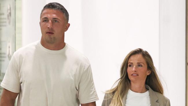 Sam Burgess and pregnant partner Lucy Graham arrive back in Sydney after their week-long babymoon getaway to Fiji. Picture: Media Mode