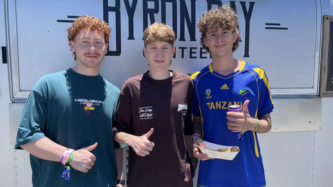 Max Trollope, 18, Jacob Whitechurch, 18, and Robbie Fuller, 18, at Byron Bay Schoolies celebrations. Picture: Sam Stolz