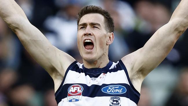 MELBOURNE, AUSTRALIA - SEPTEMBER 24: Jeremy Cameron of the Cats  celebrates a goal  during the 2022 AFL Grand Final match between the Geelong Cats and the Sydney Swans at the Melbourne Cricket Ground on September 24, 2022 in Melbourne, Australia. (Photo by Darrian Traynor/AFL Photos/via Getty Images)