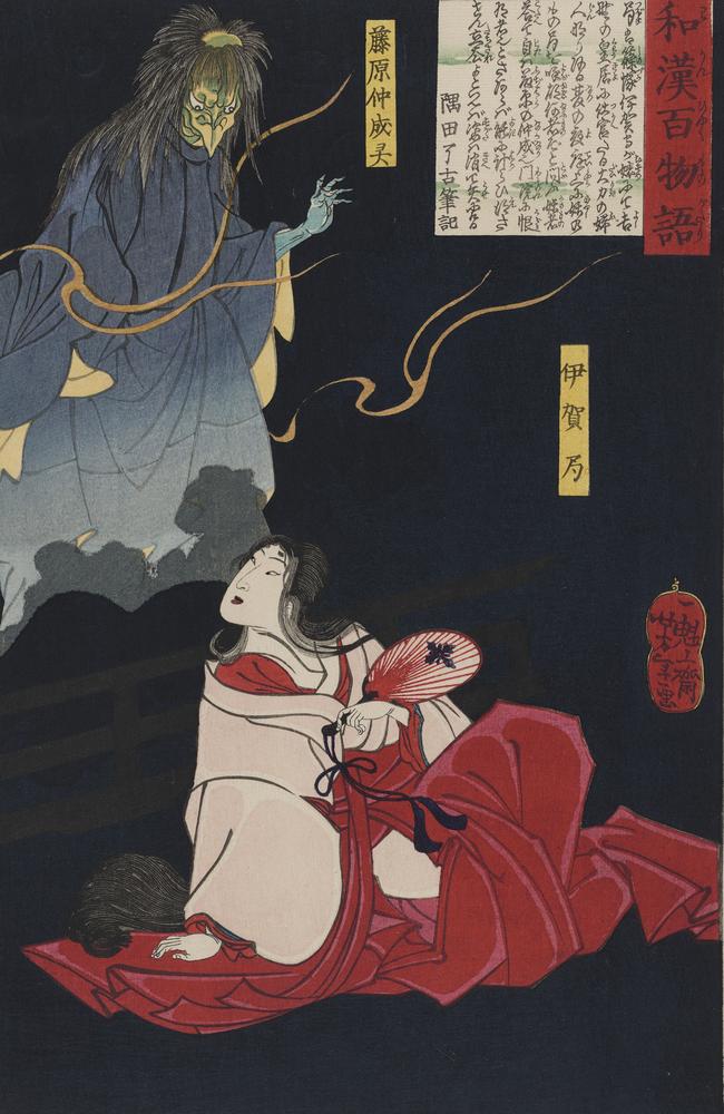 Tsukioka Yoshistoshi, Iga no Tsubone and the ghost of Fujiwara Nakanari, 1865, from Japan Supernatural at the Art Gallery of NSW.