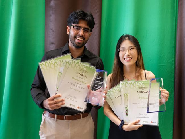 Muhaammad Qasim and Zirui Zheng of Darwin High School. Recipients of awards at NT Board of Studies 2025. Picture: Helen Orr