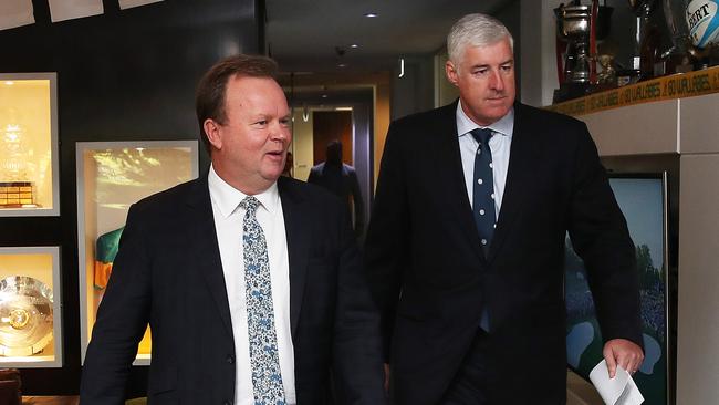 Australian Rugby Union CEO Bill Pulver and  Chairman Cameron Clyne at a press conference on the future of Super Rugby after announcement that one Australian team will be dropped from the competition. Picture. Phil Hillyard