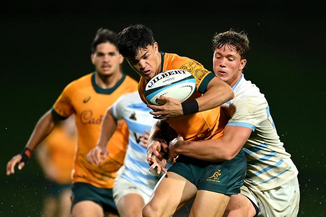 Shane Wilcox of Australia is tackled during The Rugby Championship U20.