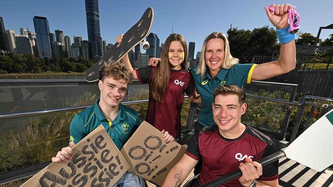 Eithen Leard, Coco Crafter, Susie O’Neill and Tristian Orchard celebrating eight years to the Brisbane Games. Picture: Lyndon Mechielsen/Courier Mail