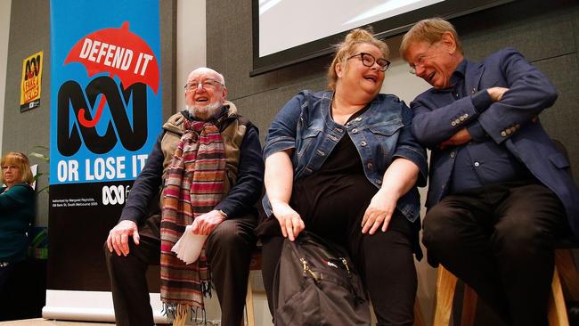 Novelist Tom Keneally, actor Magda Szubanksi and journalist Kerry O'Brien at a Save the ABC rally in Sydney on Sunday. (Pic: Jeremy Ng/AAP)