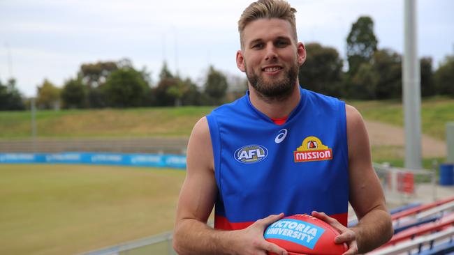 Jackson Trengove shows off his new Western Bulldogs jumper. Picture: Nathan Lay