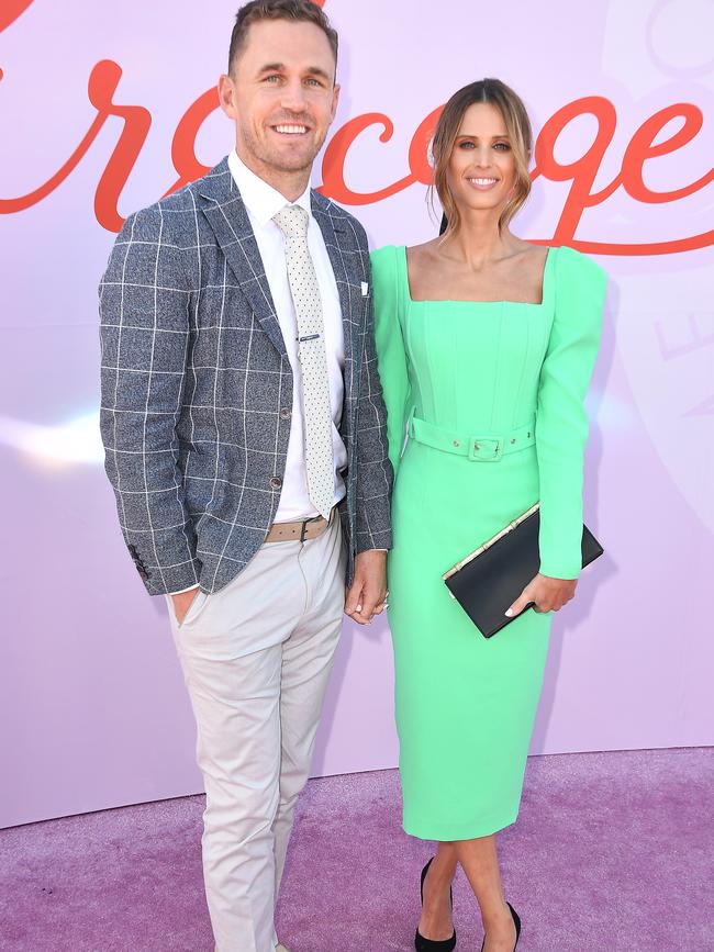 Brit Davis and Joel Selwood on the pink carpet. Picture: James Gourley/Getty Images