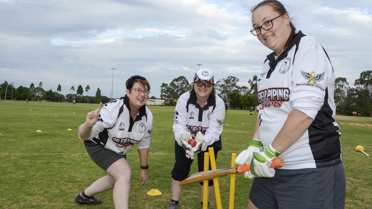 Narelle McAuley, Melissa Lyell and Tammy Marshall are inviting women across the Toowoomba region to give cricket a go at their Women's social cricket group every Wednesday night. Thursday, January 12, 2023. Picture: Morgan Burley