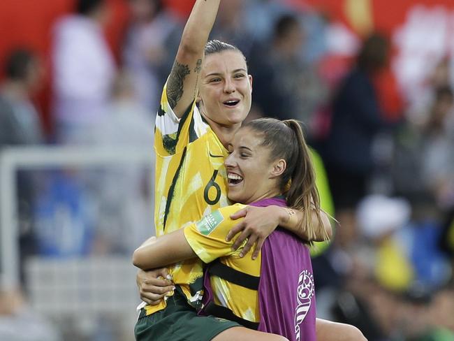 Chloe Logarzo celebrates after Australia beat Brazil at the Women’s World Cup. Picture: AP