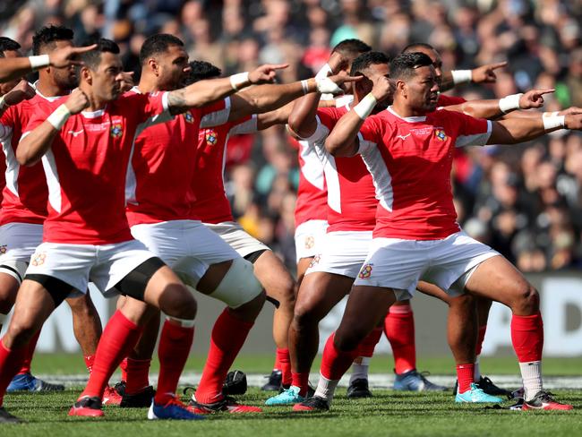 Tonga players perform the Haka during the rugby union Test match between New Zealand and Tonga in Hamilton on September 7, 2019. (Photo by MICHAEL BRADLEY / AFP)