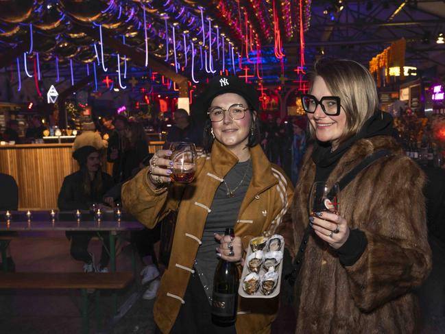 Sally Taylor and Elizaveta Maltseva at Winter Feast, part of Dark Mofo at Hobart Waterfront. Picture: Caroline Tan