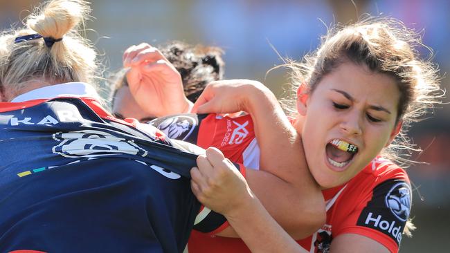 Shaylee Bent of the Dragons in full flight against the Roosters last season.