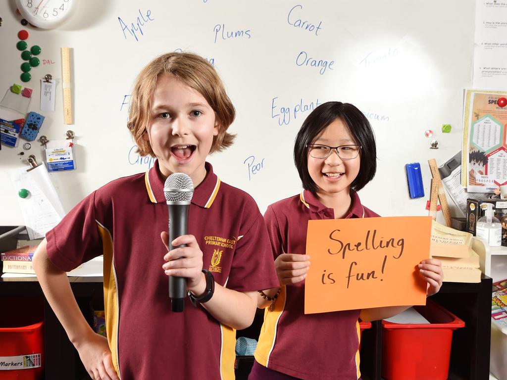 Milla Whiteley and Vanessa Wong from Cheltenham East Primary School are looking forward to “doing more spelling” at next week’s State and Territory Finals. Picture: Nicki Connolly