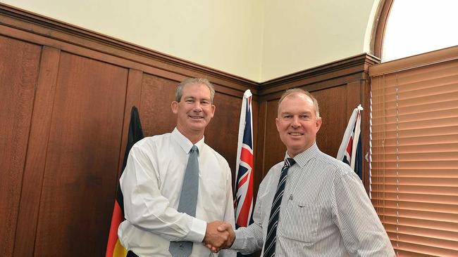 Mayor Mick Curran and Member for Gympie Tony Perrett. Mr Perrett has refrained from any exuberance over the State Government announcement. Picture: Renee Albrecht