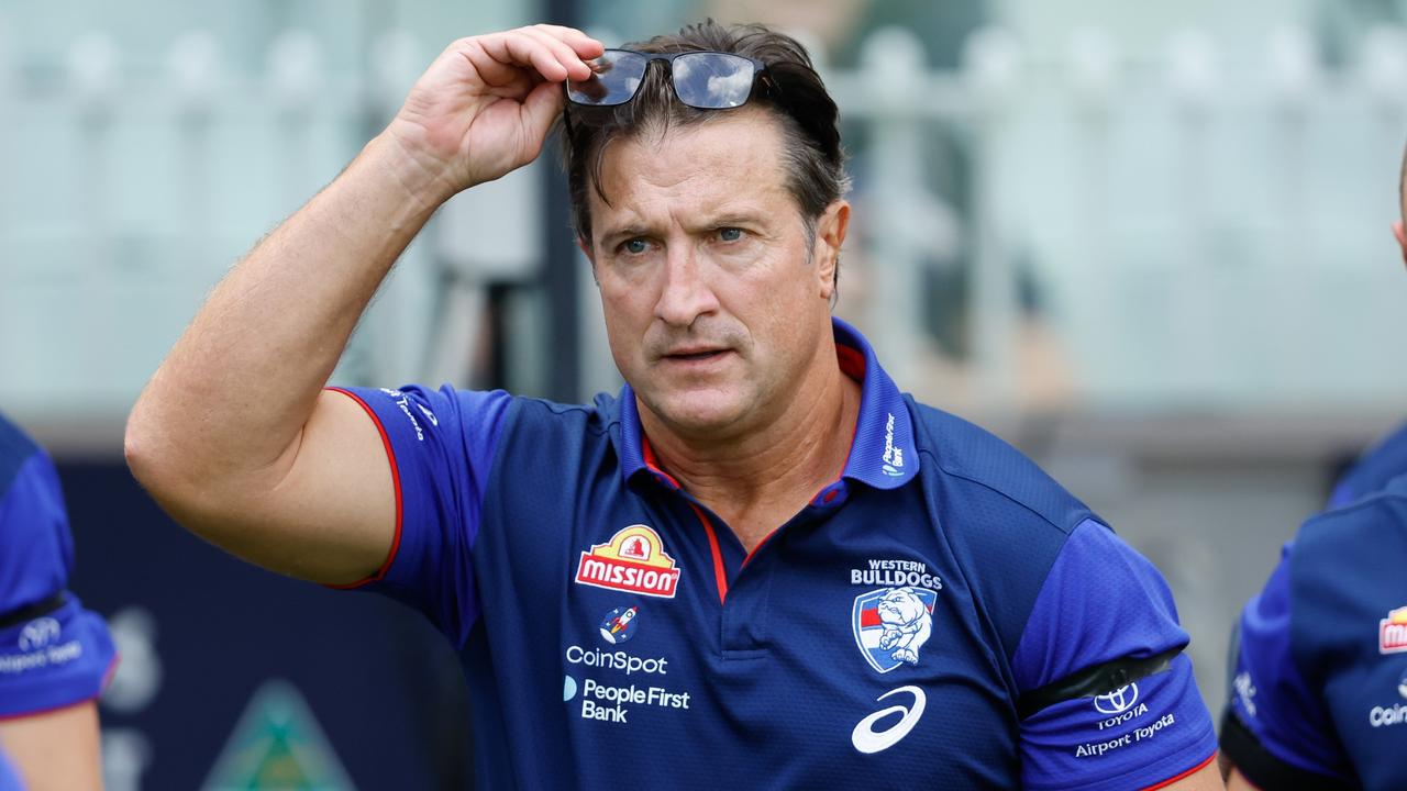 MELBOURNE, AUSTRALIA - MARCH 17: Luke Beveridge, Senior Coach of the Bulldogs is seen at three quarter time during the 2024 AFL Round 01 match between the Melbourne Demons and the Western Bulldogs at the Melbourne Cricket Ground on March 17, 2024 in Melbourne, Australia. (Photo by Dylan Burns/AFL Photos via Getty Images)