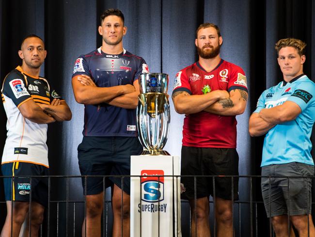 2018 Vodafone Super Rugby launch at Brisbane Powerhouse. ACT Brumbies co-captain Christian Lealiifano,  Melbourne Rebels captain Adam Coleman, Queensland Reds captain Scott Higginbotham and NSW Waratahs captain Michael Hooper. Photo: RUGBY.com.au/Stuart Walmsley