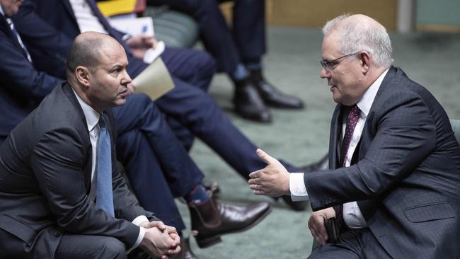 Prime Minister Scott Morrison with the Treasurer Josh Frydenberg during Question Time in Parliament House, Canberra. Picture: NCA NewsWire/Gary Ramage