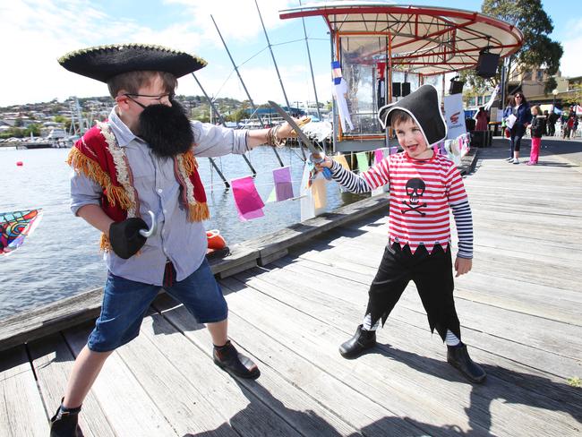 Finn, 8, and Oliver Buckland, 4, of Cremorne get into the spirit of the day. Picture: MATT THOMPSON