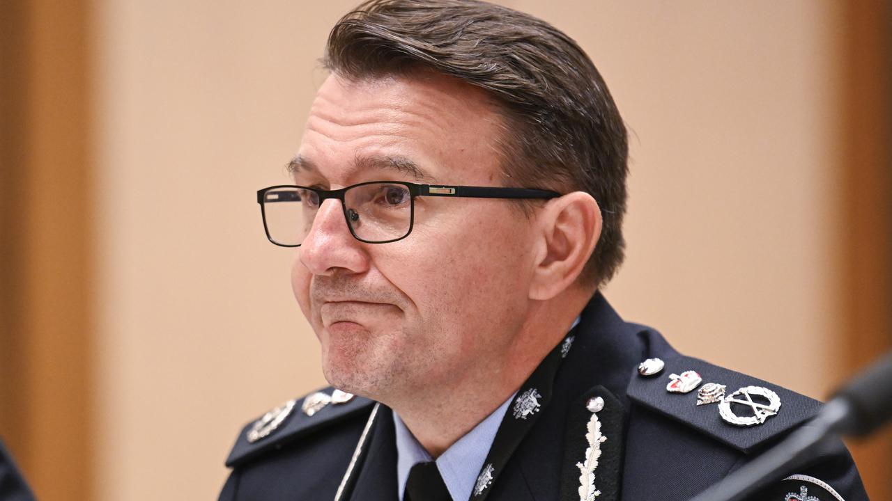 Australian Federal Police Commissioner, Reece Kershaw appears before a parliamentary joint committee on law enforcement hearing into the AFP's annual report at Parliament House. Picture: NewsWire / Martin Ollman