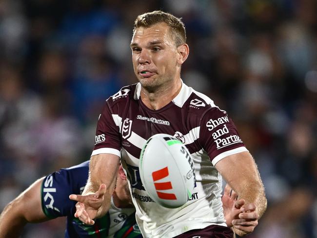 AUCKLAND, NEW ZEALAND - MARCH 14: Tom Trbojevic of the Sea Eagles passes during the round two NRL match between New Zealand Warriors and Manly Sea Eagles at Go Media Stadium, on March 14, 2025, in Auckland, New Zealand. (Photo by Hannah Peters/Getty Images)