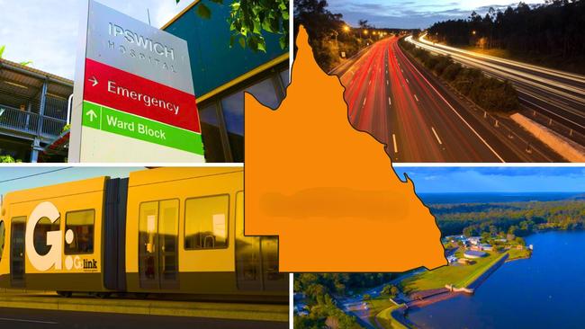 Big Build projects, clockwise from top left: Hospitals in Ipswich benefited; the Pacific Motorway to Daisy Hill in Logan; Lake Macdonald on the Sunshine Coast; and rail links on The Gold Coast.