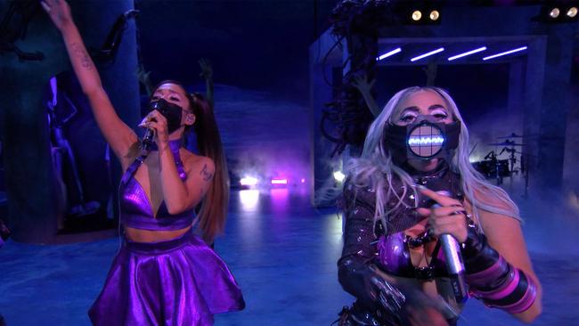 US singer-songwriter Lady Gaga, right, and US singer-songwriter Ariana Grande performing during the 2020 MTV Video Music Awards, being held virtually amid the coronavirus pandemic, broadcast on August 30, 2020 in New York. Picture: AFP Photo/MTV