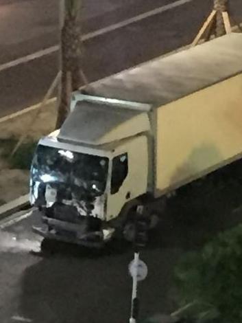 The truck was riddled with bullets after running down a crowd of people. Picture: Twitter