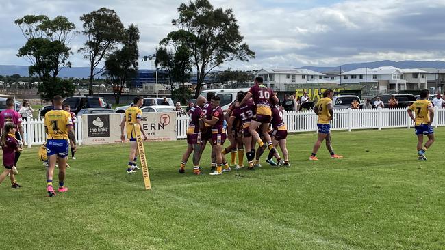 The Shellharbour Sharks celebrate a try from Joshua Starling. Photo: Kevin Merrigan