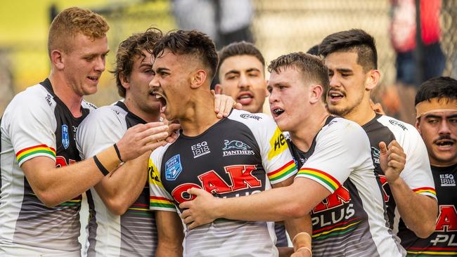 Daine Laurie celebrates after scoring a try for the Penrith Panthers jersey flegg side during the preliminary final earlier this season.