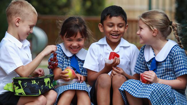 Ryan Wall, Emily Adcock, Jude Chittinappilly, and Georgie Allen, all 6, tuck into some healthy fruit at St Kieran’s Catholic Public School. Picture: Justin Lloyd