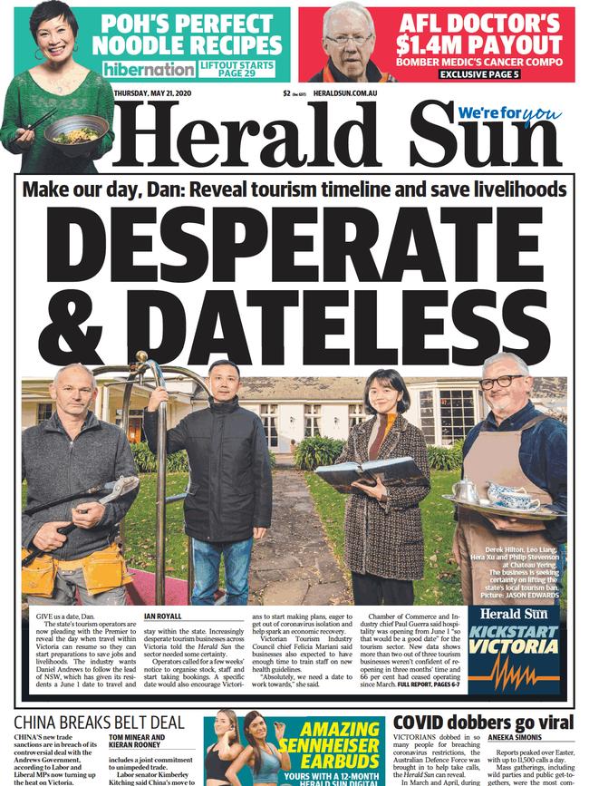 Th<i>e Herald Sun</i> featured regional tourism businesses pleading for overnight stays to be allowed.