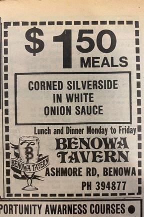 Just $1.50 for lunch at Benowa Tavern. Advertisements from the Gold Coast Bulletin, July 1985