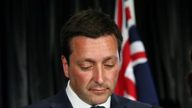 Leader of the Victorian Liberal party Matthew Guy  announces defeat in the Victorian state election during the Liberal Party reception on Victorian State election night in Melbourne, Saturday, November 24, 2018. (AAP Image/David Crosling) NO ARCHIVING