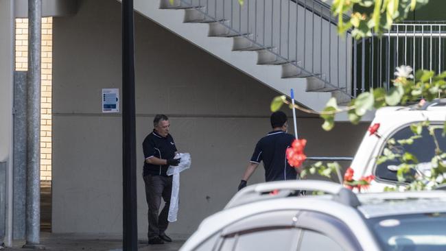 Cleaning staff are seen at Cabramatta High School after a student tested positive to COVID-19. Picture: NCA NewsWire / Monique Harmerr