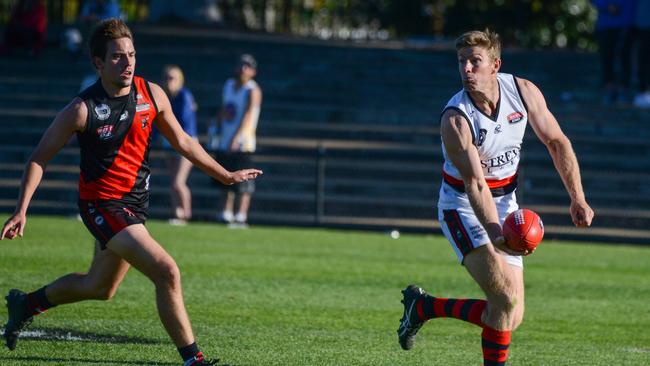 Michael Coad, in action for Rostrevor Old Collegians in last season’s top-tier grand final against Tea Tree Gully. Coad booted seven goals in ROC’s win over Henley at the weekend. Picture: AAP/Brenton Edwards