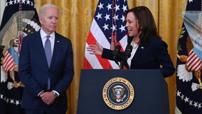 Vice President Kamala Harris speaks as President Joe Biden looks on during an event to mark the passage of the Juneteenth National Independence Day Act, in June 2021. Picture: AFP