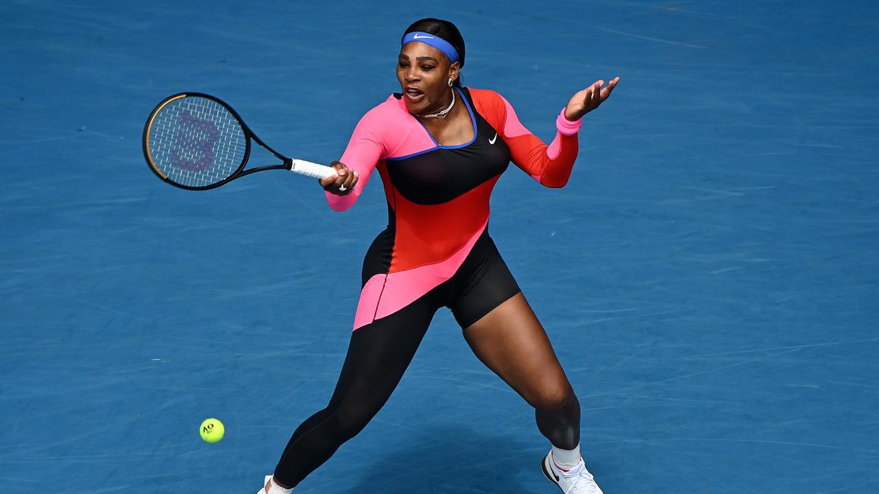 MELBOURNE, AUSTRALIA - FEBRUARY 08: Serena Williams of The United States of America plays a forehand in her Women's Singles first round match against Laura Siegemund of Germany during day one of the 2021 Australian Open at Melbourne Park on February 08, 2021 in Melbourne, Australia. (Photo by Quinn Rooney/Getty Images)