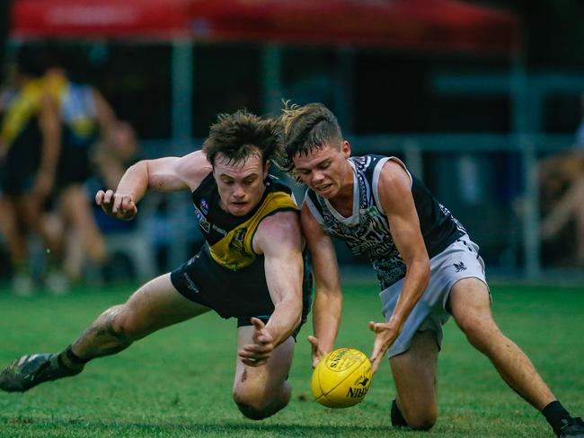 Nightcliff’s best-and-fairest midfielder Dom Brew has come up with plenty of hard-ball gets for his team in the 2020-21 NTFL season. Picture: Glenn Campbell